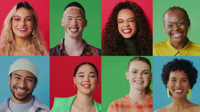 Collage portrait of diverse beauty models. Multiracial millennial men and women. A composite of carefree models for dental advert. Models isolated against colourful backgrounds. Faces of beauty