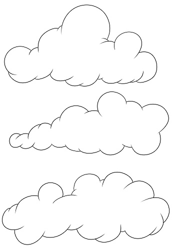 Monochrome Collection of beautiful clouds in cartoon style, large clouds in the sky, computer illustration