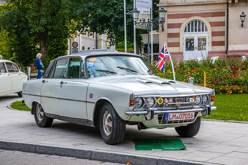 Baden-Baden, Germany - 14 July 2019: white Rover P6 2000 2200 3500 cabrio 1963 1977 is parked in Kurpark in Baden-Baden at the exhibition of old cars \