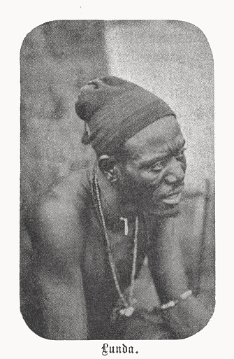 Man of the Lunda. The Lunda (Balunda, Luunda, Ruund) are a Bantu ethnic group that originated in what is now the Democratic Republic of the Congo. Halftone print after a photograph, published in 1899.