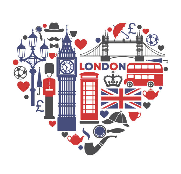 ilustrações de stock, clip art, desenhos animados e ícones de london love. symbols of london in the shape of a heart - england telephone telephone booth london england