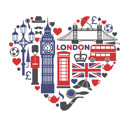London love. Symbols of London in the shape of a heart. Vector Illustration