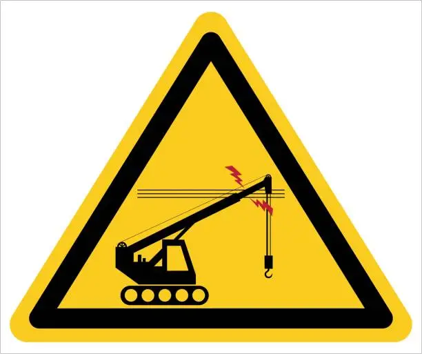 Vector illustration of Beware of cranes hooking up high voltage cables.