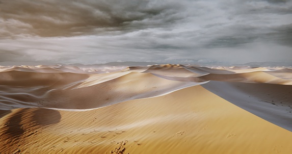 Aerial view of dusty desert. Nature sandy landscape. Environment with cloudy sky. Realistic 3d visualization of a desert