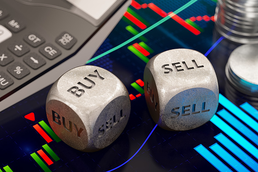 Financial Decision Concept with Buy and Sell Dices Stock Market Chart and Calculator. 3D Render