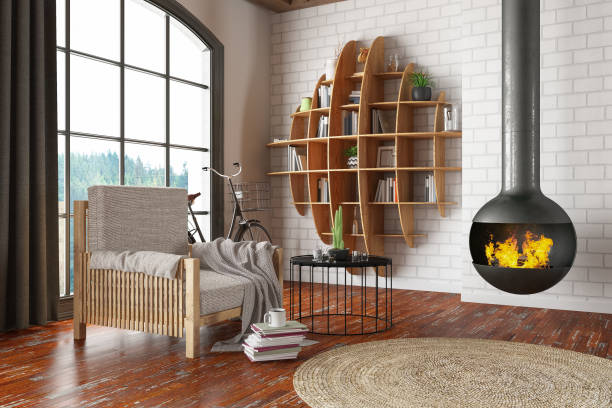 istock Cozy Living Room with with a Bookshelf and Fireplace 1440962158