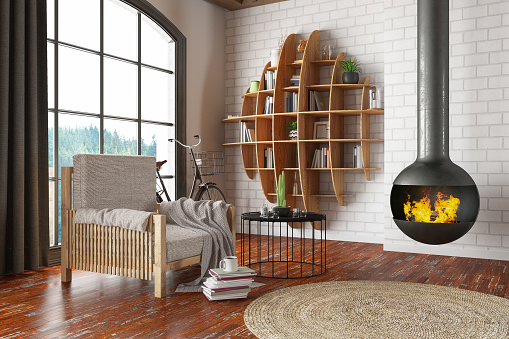 Cozy Living Room with with a Bookshelf and Fireplace. 3D Render