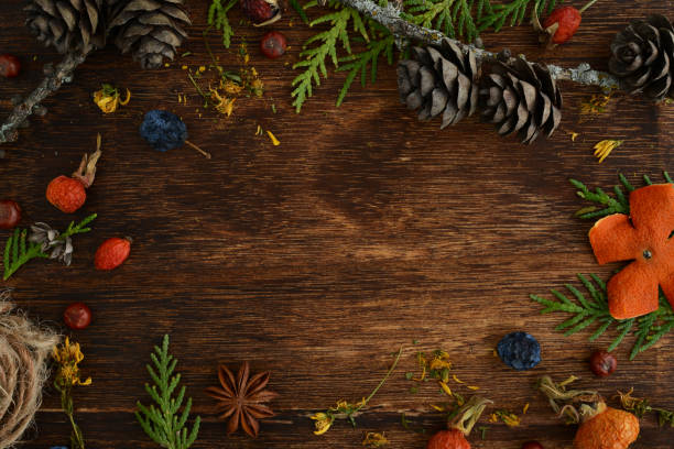 istock Christmas or New Year composition on dark wooden background. Decorative frame made in christmas tree branches, Spruce branches, pine cones, herbs, nuts, juniper berries, rose hips with copy space 1440962230
