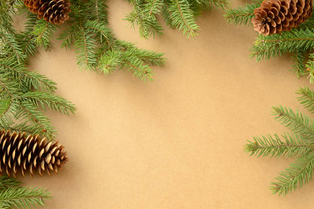 christmas or new year's background. christmas tree branches, green fir branches and cones on a eco friendly kraft paper or cardboard background, copy space - new years eve christmas paper christmas fir tree imagens e fotografias de stock