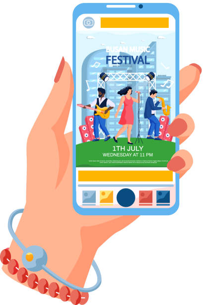 ilustrações, clipart, desenhos animados e ícones de concerto ao ar livre em festival de música de verão ao ar livre na cidade sul-coreana busan na tela do celular - musical instrument nature outdoors musician