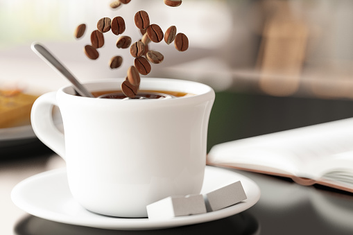 Roasted Coffee Beans Floating Above Coffee Cup. 3D Render