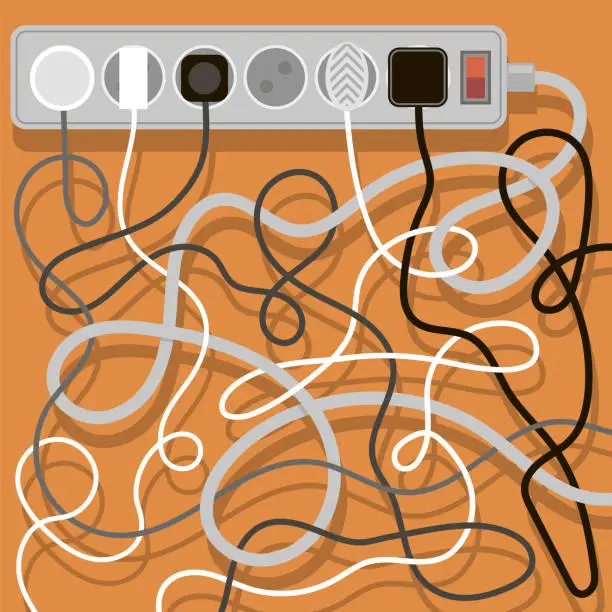 Vector illustration of Electrical wires and chargers on orange background. A mess of cables from several extension cords. Cable management