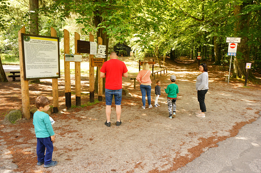 Miedzyzdroje, Poland – June 24, 2021: A group of people looking at information boards in front of a bison park in a forest