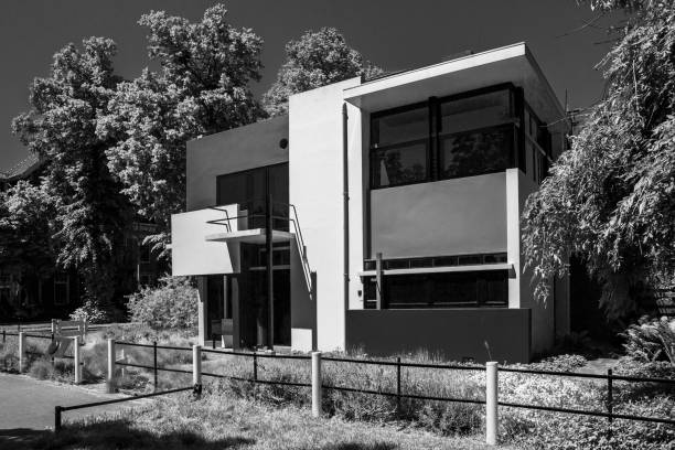 Utrecht, Netherlands – June 14, 2021: Black and white contrast render of historic and iconic home architecture designed by Gerrit Rietveld part of the Dutch De Stijl art movement