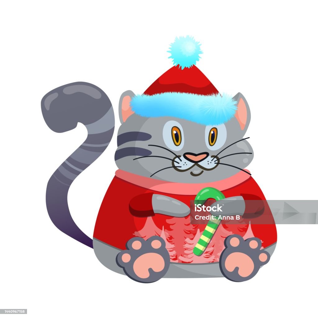 Mèo Xám Đội Mũ Giáng Sinh Và Áo Len Đỏ Mèo Con Với Caramel Năm Mới ...