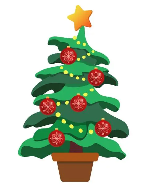 Vector illustration of Large green potted Christmas tree. Red Christmas balls. Star on top of the Christmas tree. New Year's Eve. Vector colorful illustration.