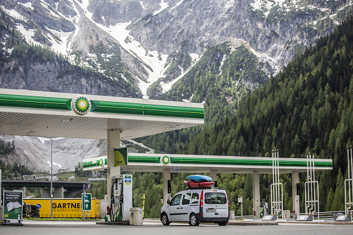 Flachau, Austria – May 10, 2018: Photograph of a BP petrol station in Austria.