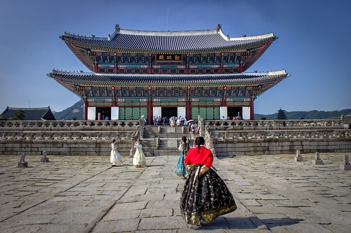 Seoul, South Korea – July 31, 2018: Built in 1395 and largest of the Five Grand Palaces, the Gyeongbokgung Palace served as the main royal Palace of the Joseon dynasty