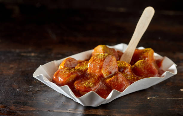 appetitlich gebratene schweinewurststücke mit curryketchup - currywurst stock-fotos und bilder
