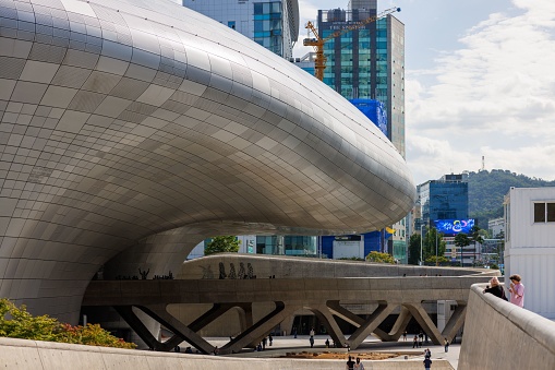 Seoul, South Korea – September 15, 2022: The side profile of Dongdaemun Design Plaza in Seoul, South Korea