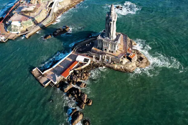 An aerial shot of the thiruvalluvar surrounded by the sea
