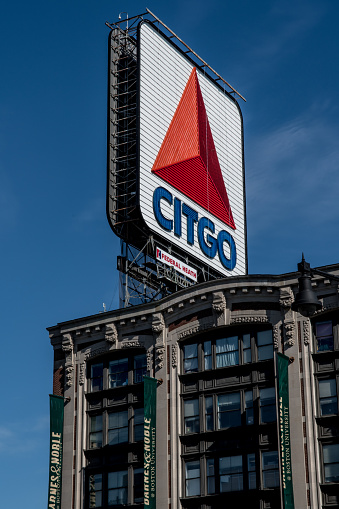 Boston, United States – May 22, 2016: A photo of Red Sox Fenway Park CITGO Sign Boston in Kenmore Square