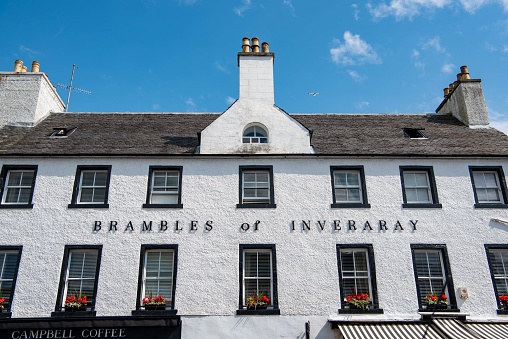 portree, United Kingdom – July 26, 2020: The exterior of a building with the text Brambles of Inveraray on the facade in the UK