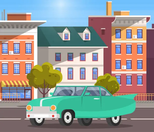 Vector illustration of Retro car green sedan drive on road in city street against tall buildings on carriageway
