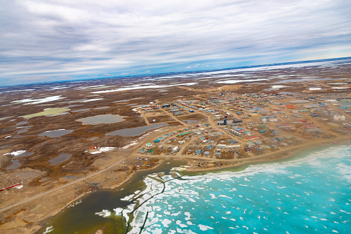 An aerial view of the arctic town of Cambridge Bay in Nunavut, Canada in springtime