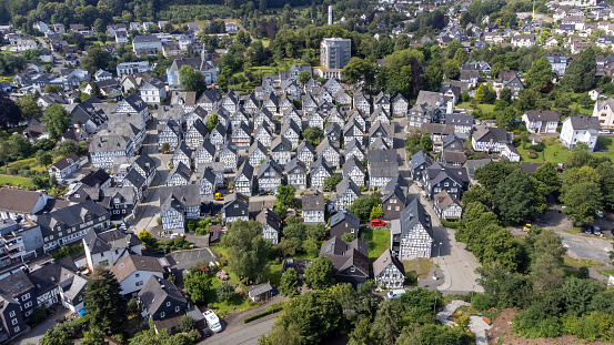 Aerial view of Freudenberg town in Siegen-Wittgenstein district, North Rhine-Westphalia, Germany.