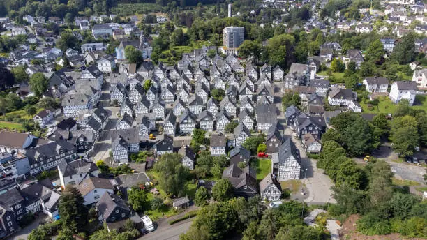 An aerial view of Freudenberg town on a sunny day in Siegen-Wittgenstein district, North Rhine-Westphalia, Germany.