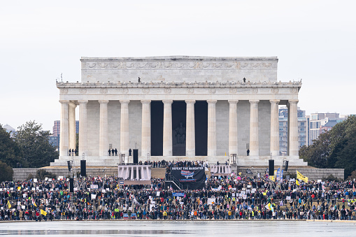 Washington DC, United States – January 24, 2022: Protesters gathered on the steps of the Lincoln Memorial to protest Vaccine Mandates at the \