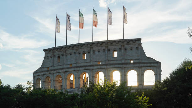 View of thematic hotel Colosseo in Colosseum style in Europa-Park View of thematic hotel Colosseo in Colosseum style in Europa-Park, the largest theme park in germany rust germany stock pictures, royalty-free photos & images