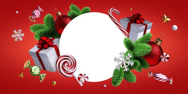 istock 3d render, Christmas background. Blank round frame decorated with festive ornaments, glass balls, candy, wrapped gift boxes and green spruce twigs. Traditional holiday greeting card template 1440977825