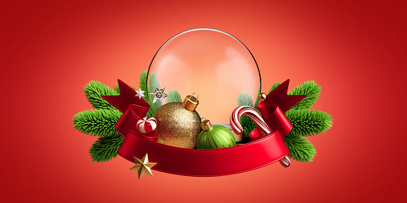 3d render, Holiday background with empty glass ball, red ribbon tag, green spruce twigs and Christmas ornaments. Festive wallpaper