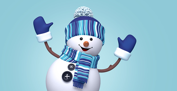 Renderizado 3D. El juguete Happy Snowman lleva gorra de punto azul, bufanda a rayas y mitones. El personaje de dibujos animados salta con las manos en alto, aislado sobre un fondo azul claro. Fondo de pantalla de vacaciones de invierno. Banner festivo photo