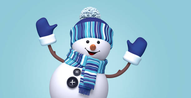 3d render. Happy snowman toy wears blue knitted cap, striped scarf and mittens. Cartoon character jumps with hands up, isolated on light blue background. Winter holiday wallpaper. Festive banner 3d render. Happy snowman toy wears blue knitted cap, striped scarf and mittens. Cartoon character jumps with hands up, isolated on light blue background. Winter holiday wallpaper. Festive banner snowman stock pictures, royalty-free photos & images