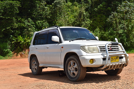 Paramaribo, Suriname – January 02, 2022: The Mitsubishi Pajero touring through Paramaribo. Suriname