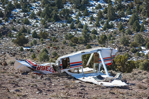 Reno, United States – February 13, 2022: The crash site of a Cessna small aircraft after experiencing engine failure above Reno, Nevada.