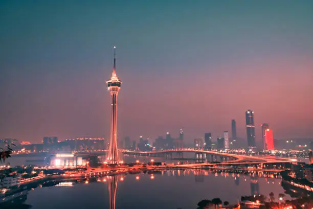 The Macau tower and the Macau cityscape at night