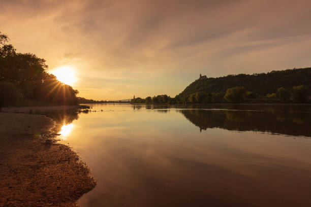 Danube sunset landscape in lower Bavaria with Mount Bogenberg and Mariae Assumption Pilgrimage Church