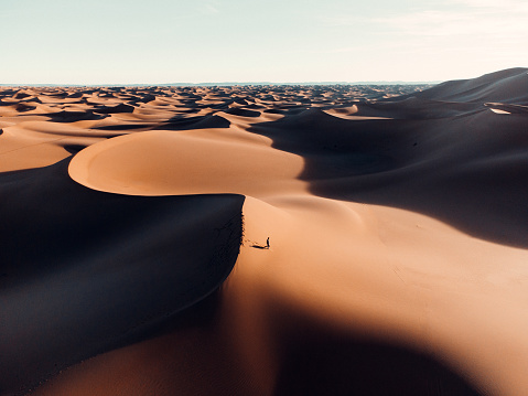 An aerial view of a man standing on a sand hill in the desert