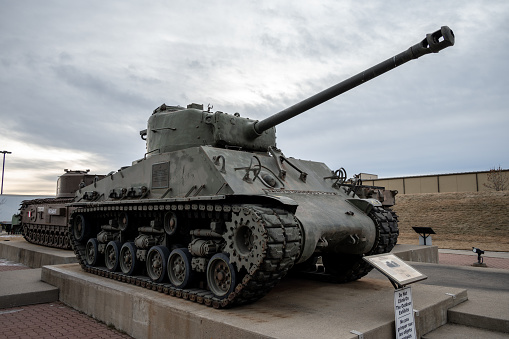 Calgary, Canada – January 30, 2022: Calgary, Alberta - January 30, 2022: View of a Sherman tank at the Calgary Military Museum.