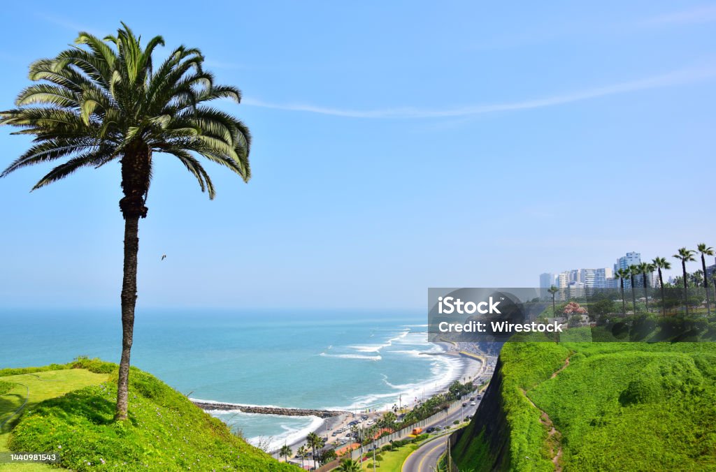 Ocean and coastline in Lima Panoramic view of the coastline from a high hill in the South of Lima, Peru Architecture Stock Photo