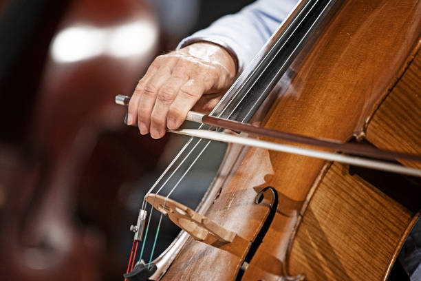 person playing chello at a concert - chello imagens e fotografias de stock