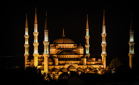 An epic night view of the Blue Mosque or Sultan Ahmed Mosque in Istanbul, Turkey