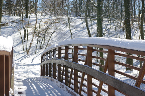 A wooden bridge in the Merrill Park, Colonia, Woodbridge Township, Middlesex County, New Jersey, USA