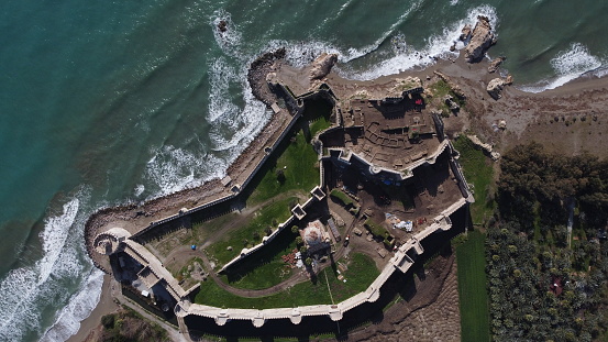 An aerial view of the historic Mamure Castle in Anamur, Turkey