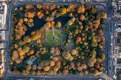 A drone shot of St Stephen's Green Park in autumn