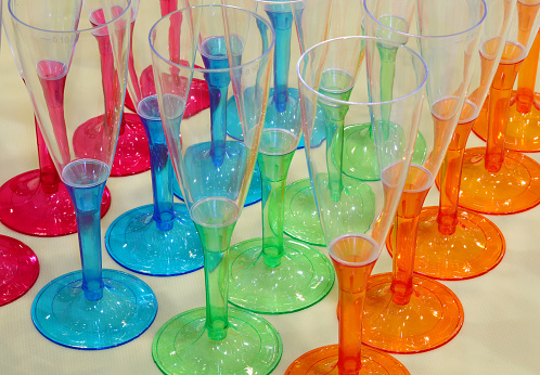 goblets for drinking champagne with many colors during the reception